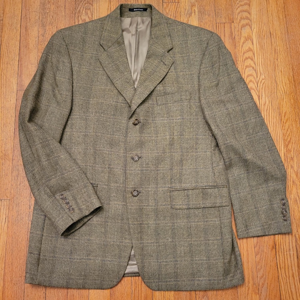 Chaps 42R Blazer Olive Green Wool Glen Plaid 3 Button Jacket Academia Heritage